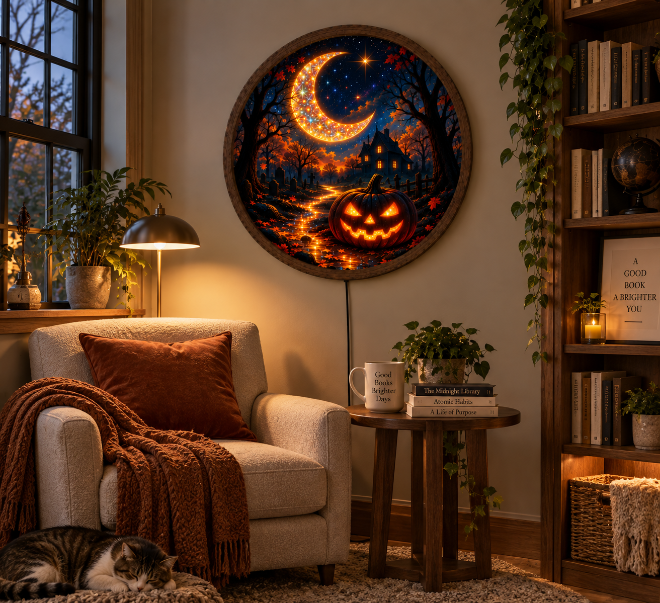 Halloween LED Wall Art, Jack O Lantern Pumpkin, Crescent Moon Spooky Decor, Haunted House Lighted Wall Art, Halloween Gift