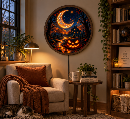 Halloween LED Wall Art, Jack O Lantern Pumpkin, Crescent Moon Spooky Decor, Haunted House Lighted Wall Art, Halloween Gift