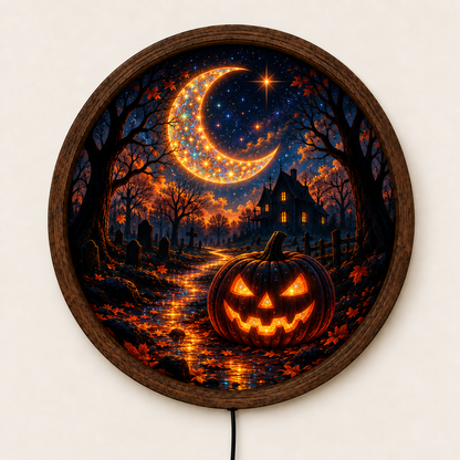 Halloween LED Wall Art, Jack O Lantern Pumpkin, Crescent Moon Spooky Decor, Haunted House Lighted Wall Art, Halloween Gift