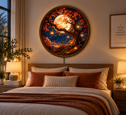 Autumn Tree LED Wall Art, Full Moon Swing Lighted Decor, Fall Landscape Round Wall Art, Cozy Nature Home Decor