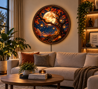 Autumn Tree LED Wall Art, Full Moon Swing Lighted Decor, Fall Landscape Round Wall Art, Cozy Nature Home Decor