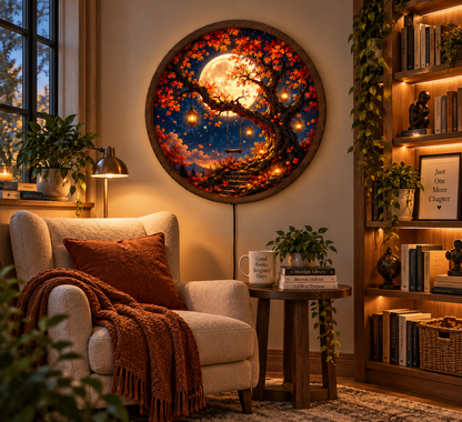 Autumn Tree LED Wall Art, Full Moon Swing Lighted Decor, Fall Landscape Round Wall Art, Cozy Nature Home Decor