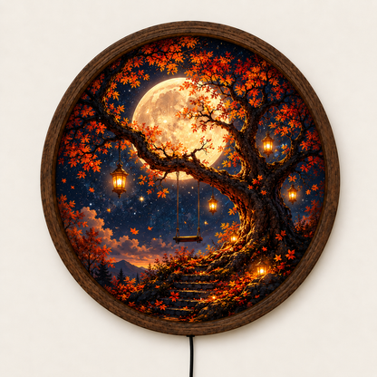 Autumn Tree LED Wall Art, Full Moon Swing Lighted Decor, Fall Landscape Round Wall Art, Cozy Nature Home Decor