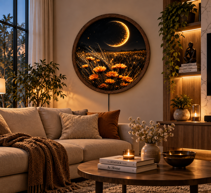 Crescent Moon LED Wall Art, Golden Flower Field Lighted Decor, Celestial Night Landscape, Round Nature Wall Art, Moon Lover Gift