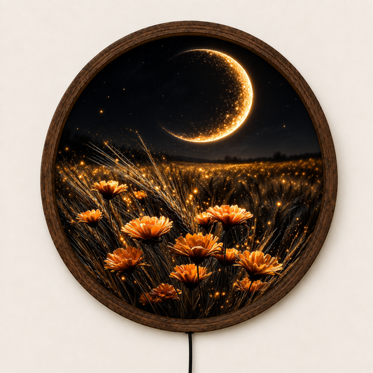 Crescent Moon LED Wall Art, Golden Flower Field Lighted Decor, Celestial Night Landscape, Round Nature Wall Art, Moon Lover Gift