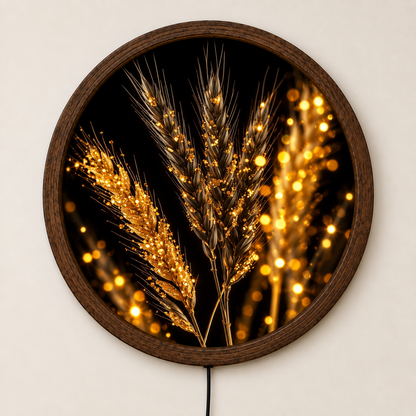 Golden Wheat LED Wall Art, Black Gold Botanical Lighted Decor, Round Farmhouse Wall Art, Rustic Nature Home Decor, Wheat Lover Gift