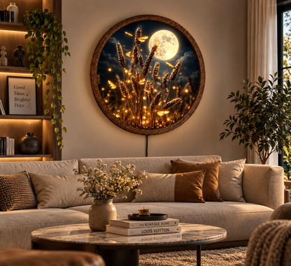 Golden Wheat LED Wall Art, Black Gold Botanical Lighted Decor, Round Farmhouse Wall Art, Rustic Nature Home Decor, Wheat Lover Gift