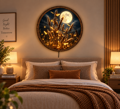 Golden Wheat LED Wall Art, Black Gold Botanical Lighted Decor, Round Farmhouse Wall Art, Rustic Nature Home Decor, Wheat Lover Gift