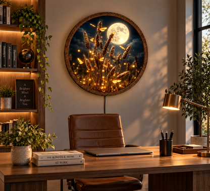 Golden Wheat LED Wall Art, Black Gold Botanical Lighted Decor, Round Farmhouse Wall Art, Rustic Nature Home Decor, Wheat Lover Gift