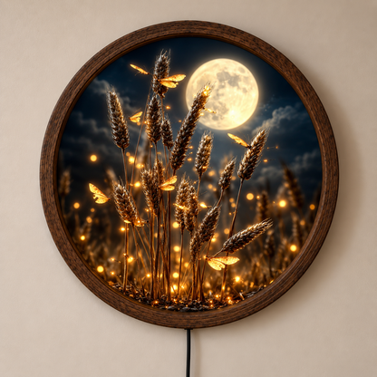 Golden Wheat LED Wall Art, Black Gold Botanical Lighted Decor, Round Farmhouse Wall Art, Rustic Nature Home Decor, Wheat Lover Gift