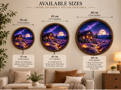 Lavender Field Moon LED Wall Art, Cottage Night Landscape, Purple Floral Lighted Wall Decor, Round Farmhouse Wall Art