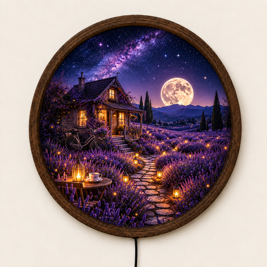 Lavender Field Moon LED Wall Art, Cottage Night Landscape, Purple Floral Lighted Wall Decor, Round Farmhouse Wall Art