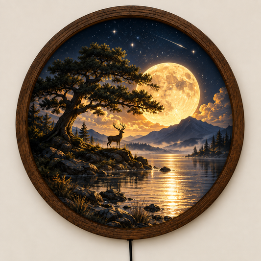Full Moon Deer LED Wall Art, Mountain Lake Landscape, Rustic Nature Lighted Wall Decor, Round Cabin Wall Art