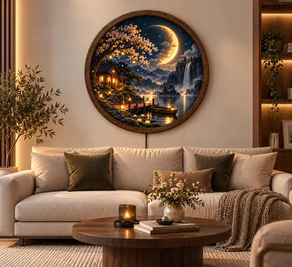 Crescent Moon Lake LED Wall Art, Waterfall Mountain Landscape, Cottage Lighted Wall Decor, Round Nature Wall Art