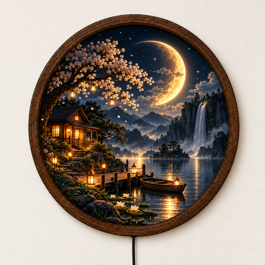 Crescent Moon Lake LED Wall Art, Waterfall Mountain Landscape, Cottage Lighted Wall Decor, Round Nature Wall Art