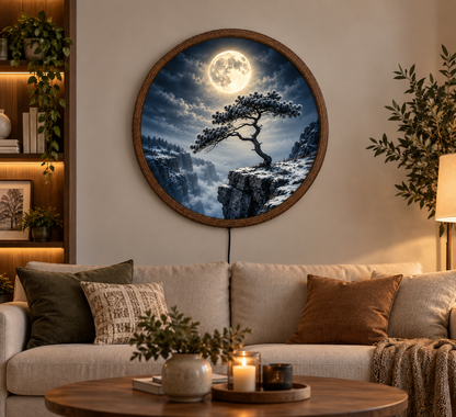 Full Moon Pine Tree LED Wall Art, Winter Mountain Landscape Round Decor
