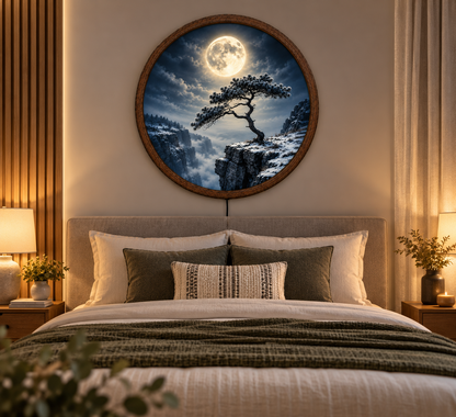 Full Moon Pine Tree LED Wall Art, Winter Mountain Landscape Round Decor