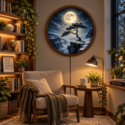 Full Moon Pine Tree LED Wall Art, Winter Mountain Landscape Round Decor