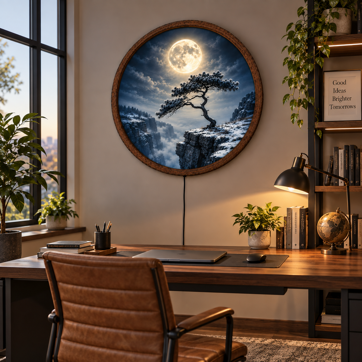 Full Moon Pine Tree LED Wall Art, Winter Mountain Landscape Round Decor