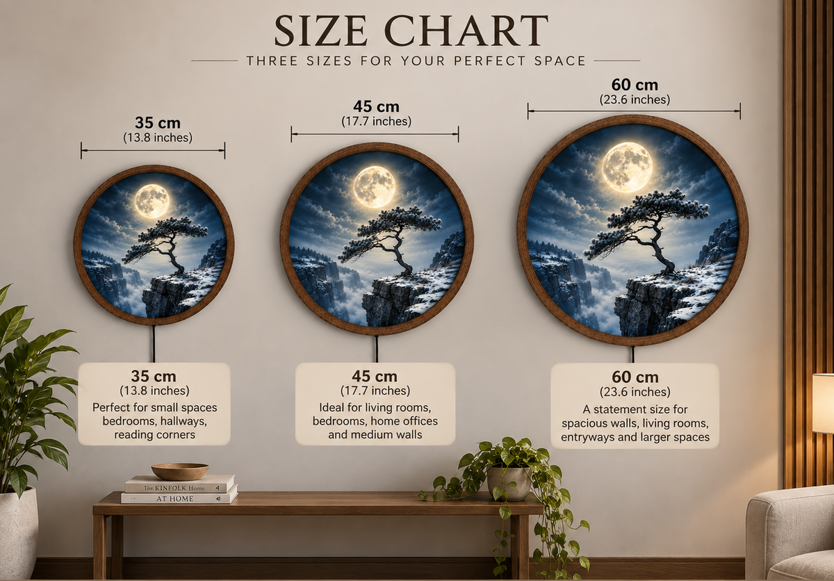 Full Moon Pine Tree LED Wall Art, Winter Mountain Landscape Round Decor