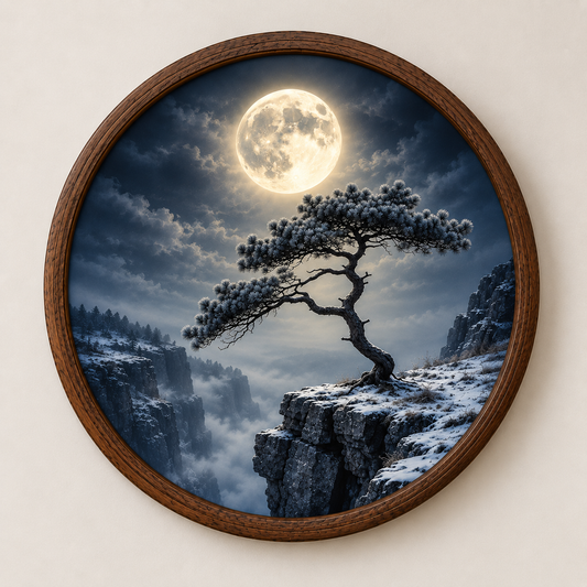 Full Moon Pine Tree LED Wall Art, Winter Mountain Landscape Round Decor