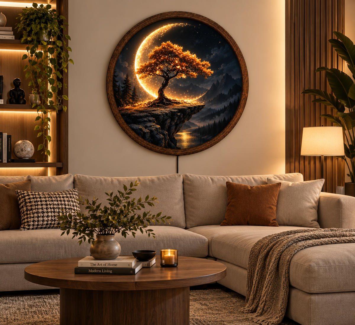 Crescent Moon Tree LED Wall Art, Glowing Mountain Landscape Round Decor