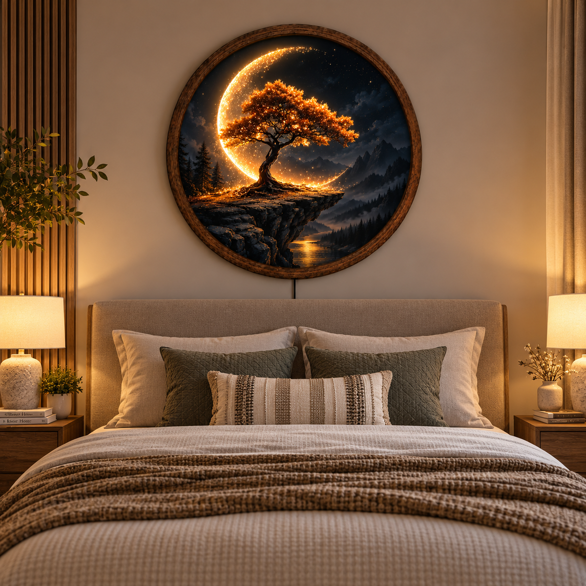 Crescent Moon Tree LED Wall Art, Glowing Mountain Landscape Round Decor