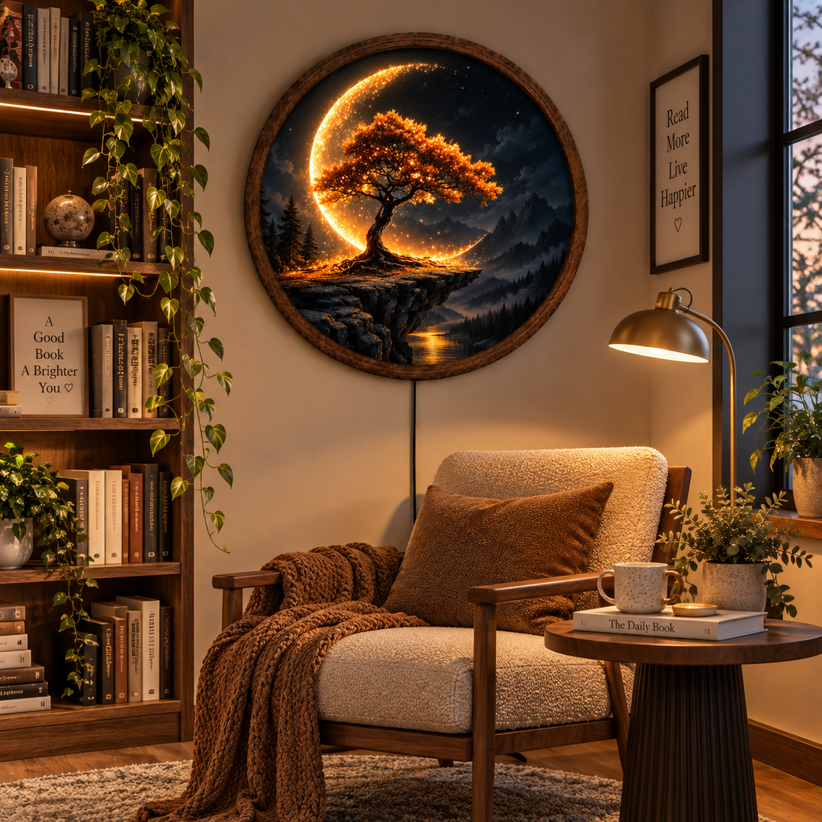 Crescent Moon Tree LED Wall Art, Glowing Mountain Landscape Round Decor