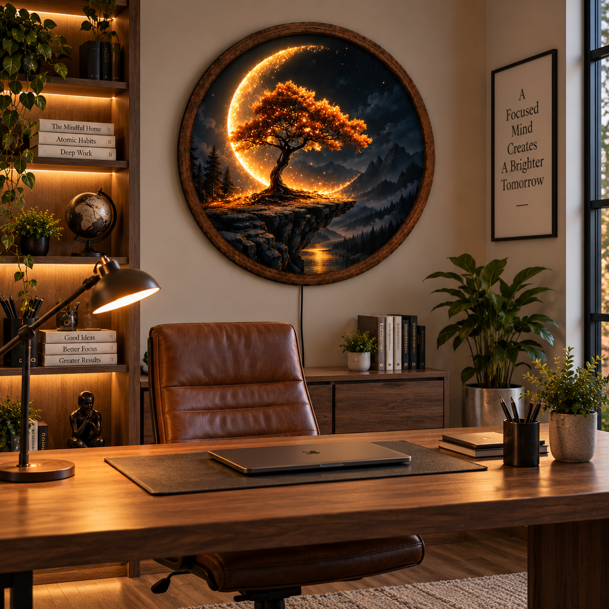 Crescent Moon Tree LED Wall Art, Glowing Mountain Landscape Round Decor