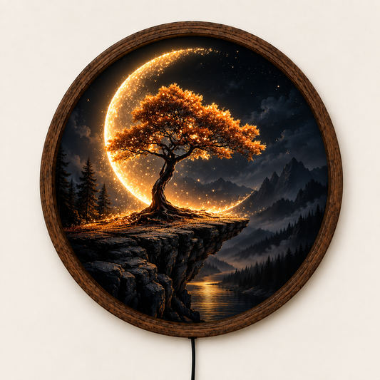 Crescent Moon Tree LED Wall Art, Glowing Mountain Landscape Round Decor