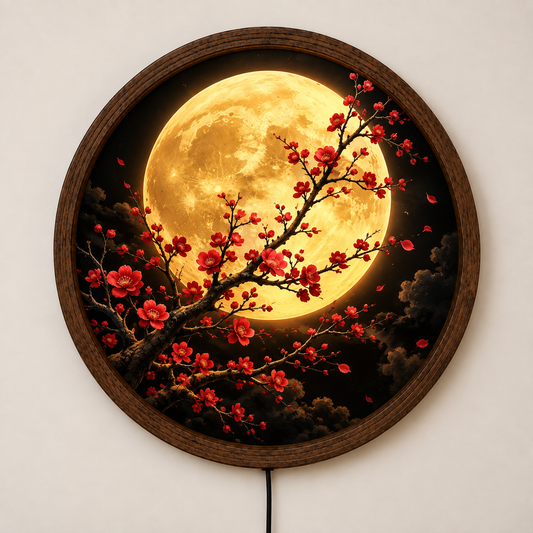 Red Blossom Full Moon LED Wall Art, Floral Night Lighted Round Wall Decor