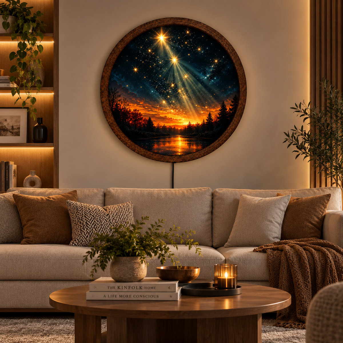Starry Night LED Wall Art, Glowing Sunset Forest Landscape, Round Lighted Nature Wall Decor, Celestial Home Decor