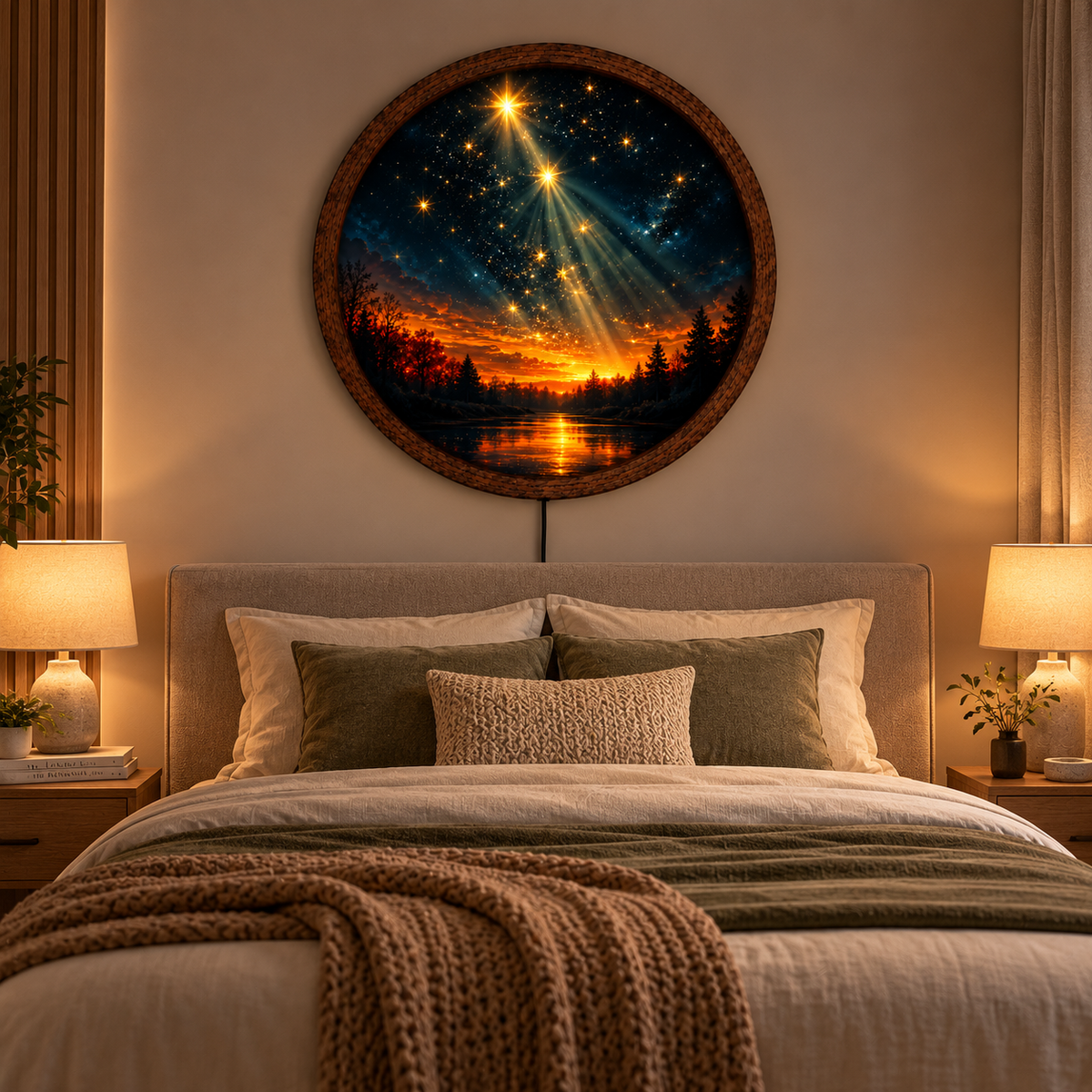 Starry Night LED Wall Art, Glowing Sunset Forest Landscape, Round Lighted Nature Wall Decor, Celestial Home Decor