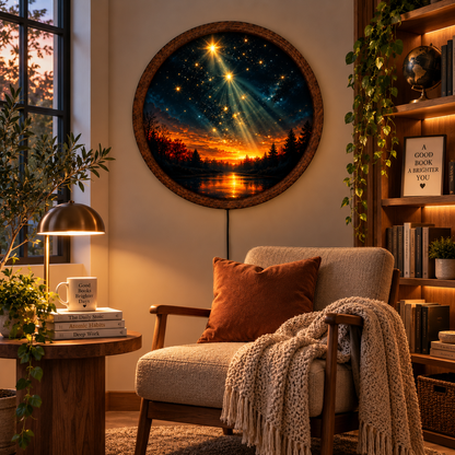 Starry Night LED Wall Art, Glowing Sunset Forest Landscape, Round Lighted Nature Wall Decor, Celestial Home Decor