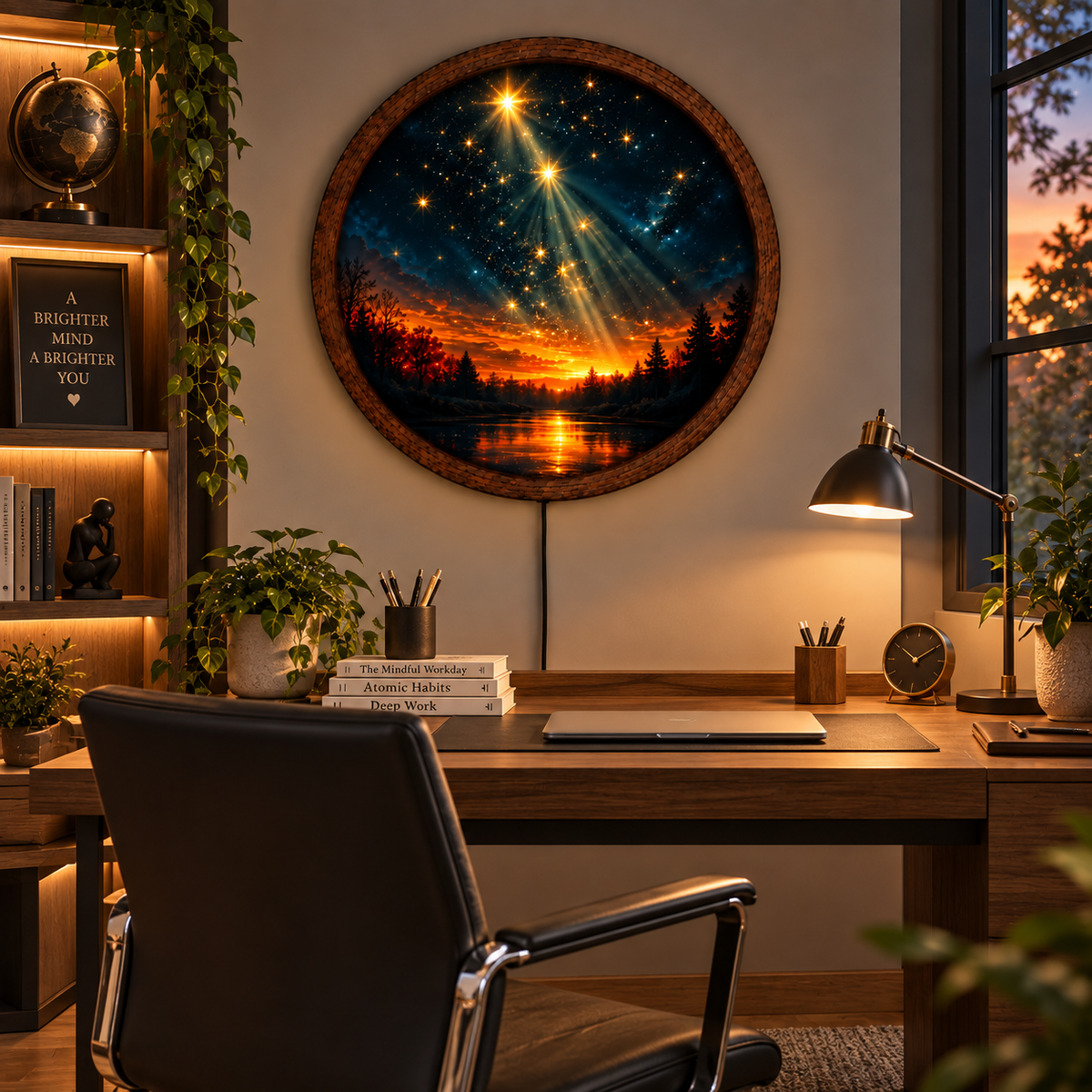 Starry Night LED Wall Art, Glowing Sunset Forest Landscape, Round Lighted Nature Wall Decor, Celestial Home Decor