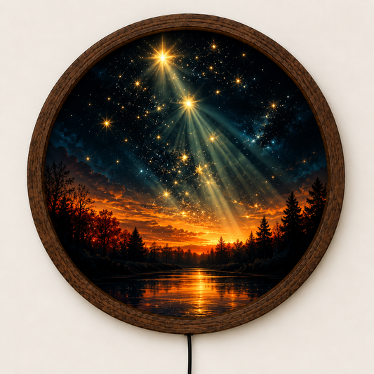 Starry Night LED Wall Art, Glowing Sunset Forest Landscape, Round Lighted Nature Wall Decor, Celestial Home Decor
