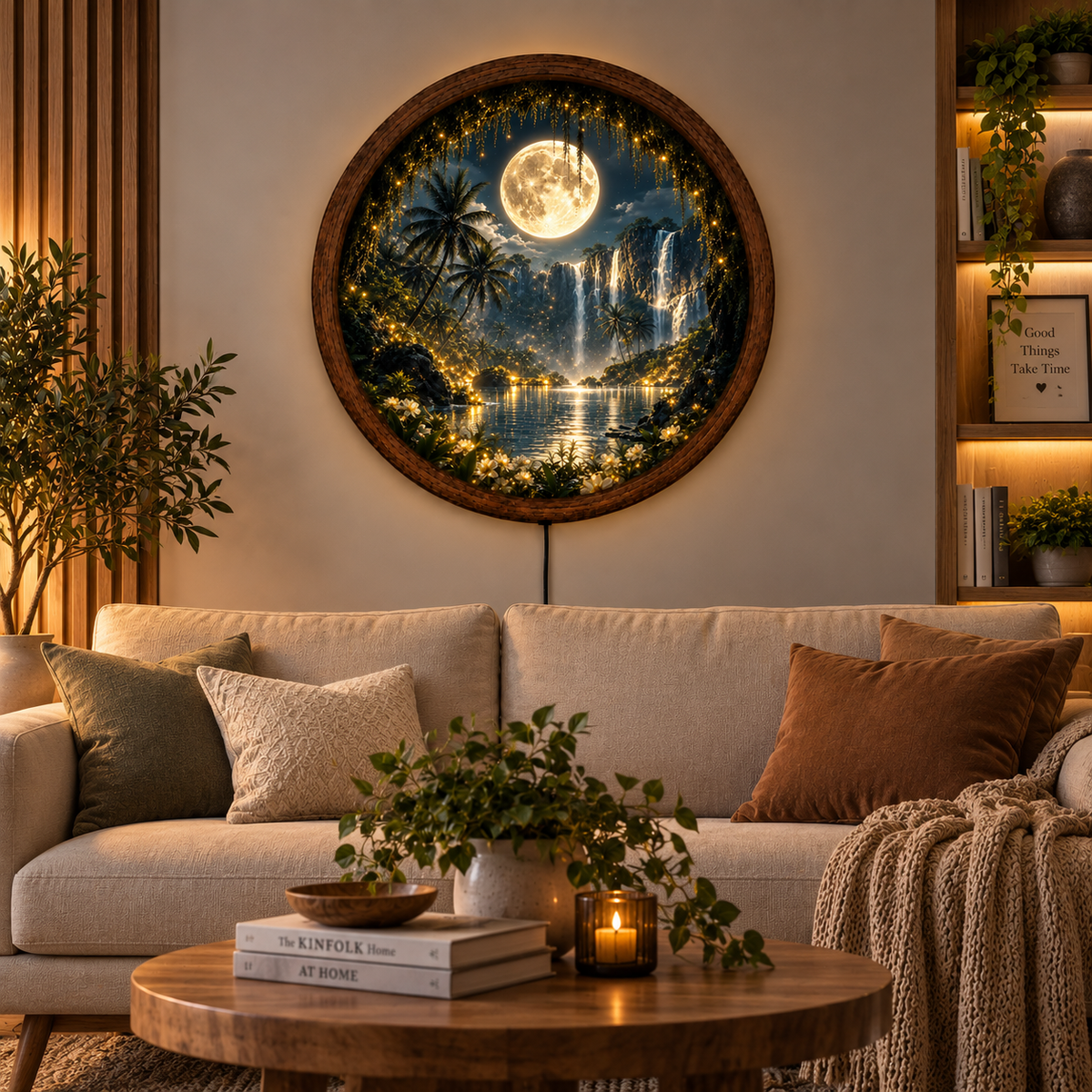 Full Moon Waterfall LED Wall Art, Tropical Paradise Lighted Round Decor, Moonlit Landscape, Nature Wall Art