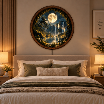 Full Moon Waterfall LED Wall Art, Tropical Paradise Lighted Round Decor, Moonlit Landscape, Nature Wall Art