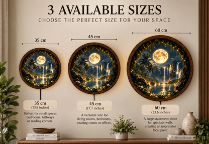Full Moon Waterfall LED Wall Art, Tropical Paradise Lighted Round Decor, Moonlit Landscape, Nature Wall Art