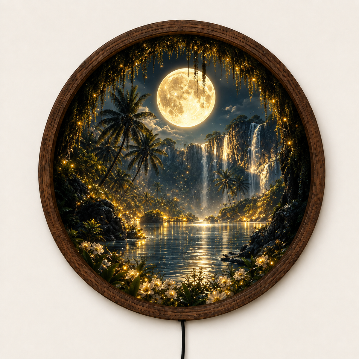 Full Moon Waterfall LED Wall Art, Tropical Paradise Lighted Round Decor, Moonlit Landscape, Nature Wall Art