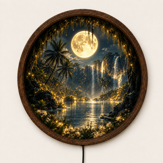 Full Moon Waterfall LED Wall Art, Tropical Paradise Lighted Round Decor, Moonlit Landscape, Nature Wall Art