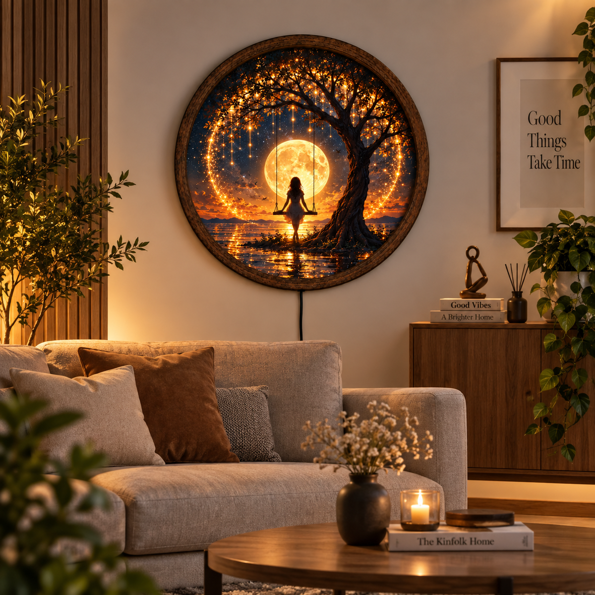 Full Moon Floral LED Wall Art, White Jasmine Flower Lighted Round Decor, Moonlit Garden Wall Art, Romantic Nature Decor