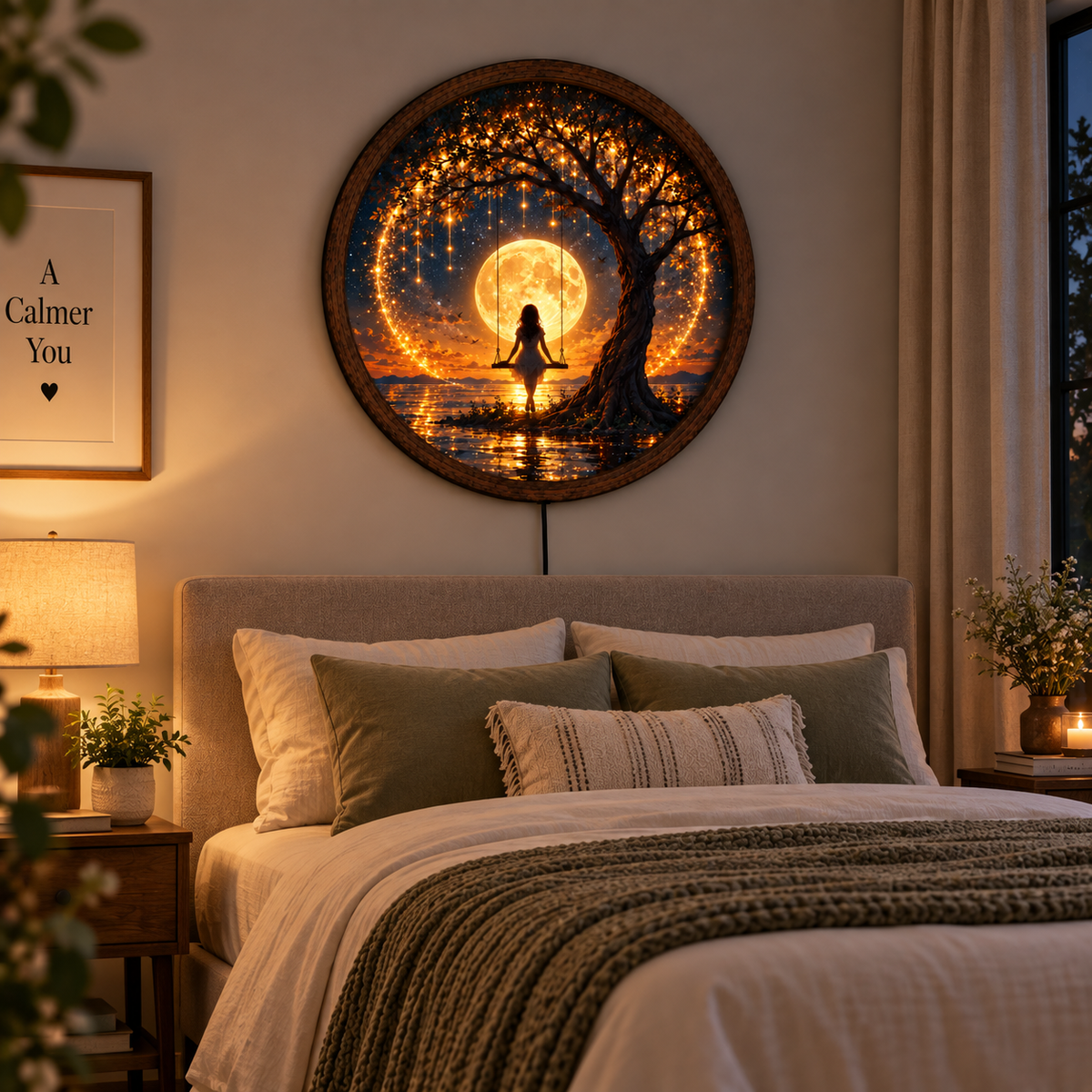Full Moon Floral LED Wall Art, White Jasmine Flower Lighted Round Decor, Moonlit Garden Wall Art, Romantic Nature Decor