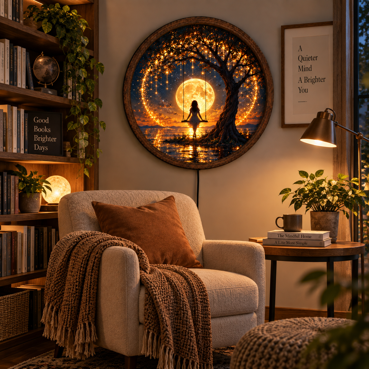 Full Moon Floral LED Wall Art, White Jasmine Flower Lighted Round Decor, Moonlit Garden Wall Art, Romantic Nature Decor