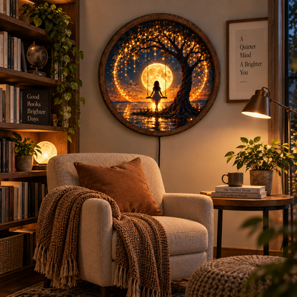 Full Moon Floral LED Wall Art, White Jasmine Flower Lighted Round Decor, Moonlit Garden Wall Art, Romantic Nature Decor