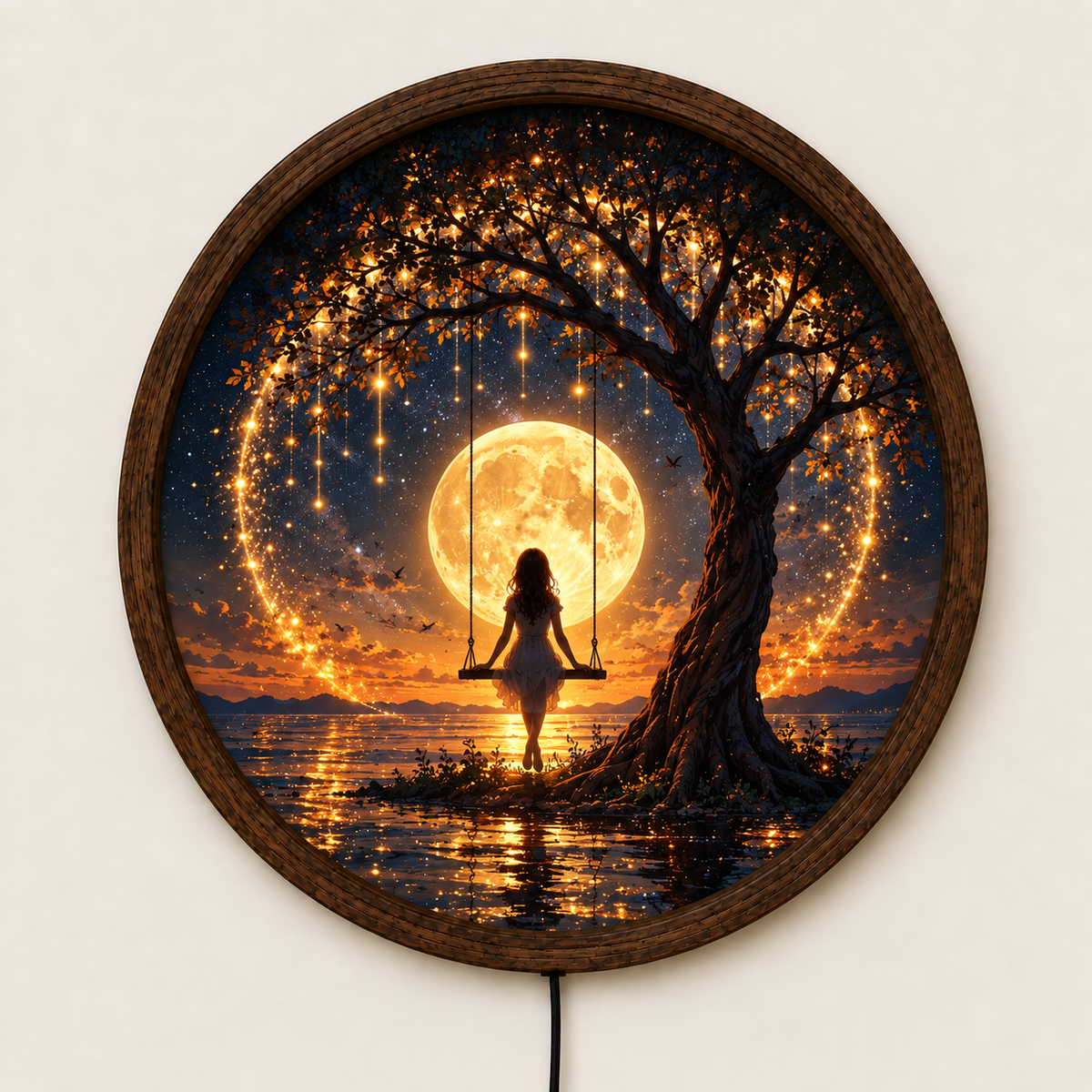 Full Moon Floral LED Wall Art, White Jasmine Flower Lighted Round Decor, Moonlit Garden Wall Art, Romantic Nature Decor