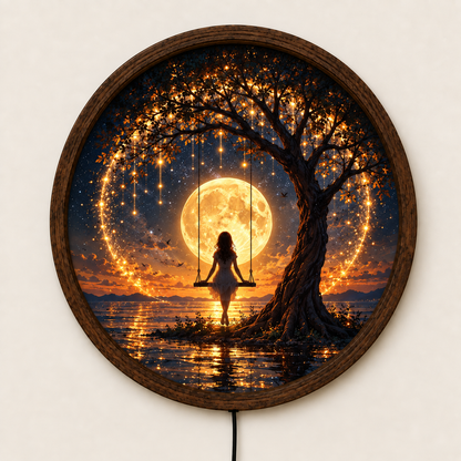 Full Moon Floral LED Wall Art, White Jasmine Flower Lighted Round Decor, Moonlit Garden Wall Art, Romantic Nature Decor