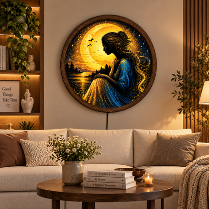 Golden Moon Woman LED Wall Art, Celestial Goddess Lighted Round Decor, Fantasy Moonlit Landscape, Boho Wall Art