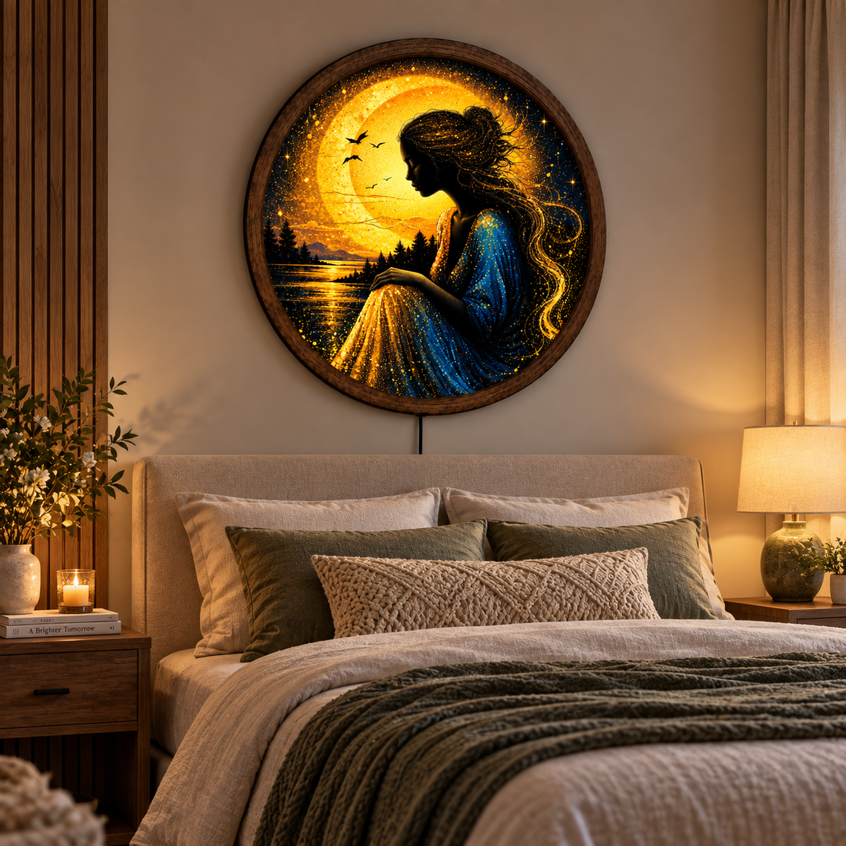 Golden Moon Woman LED Wall Art, Celestial Goddess Lighted Round Decor, Fantasy Moonlit Landscape, Boho Wall Art