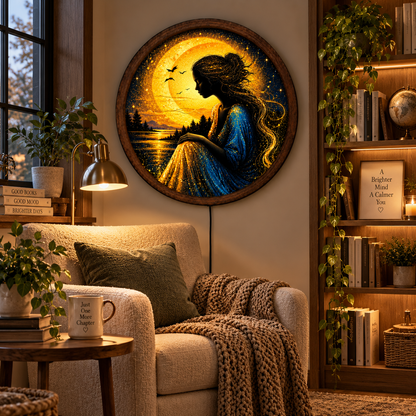 Golden Moon Woman LED Wall Art, Celestial Goddess Lighted Round Decor, Fantasy Moonlit Landscape, Boho Wall Art